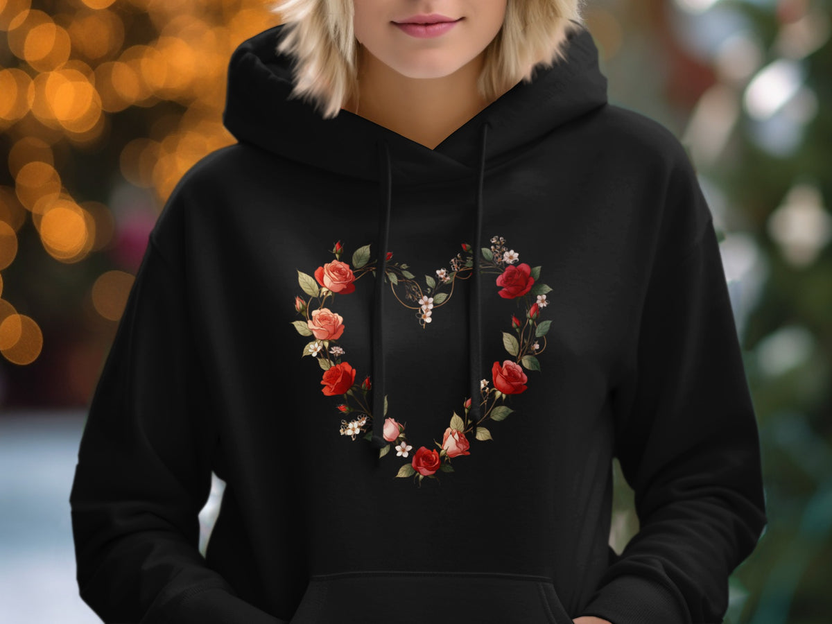 Black Hoodie with Heart Shaped Floral Design Hoodie