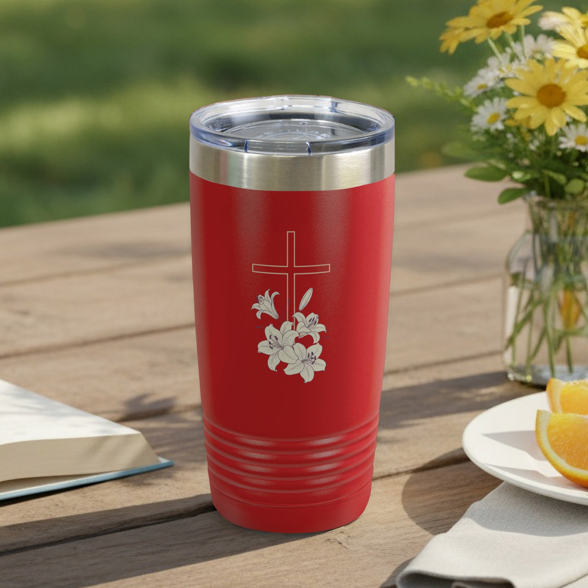 Red Tumbler Large Cross Lily Flowers Design product type