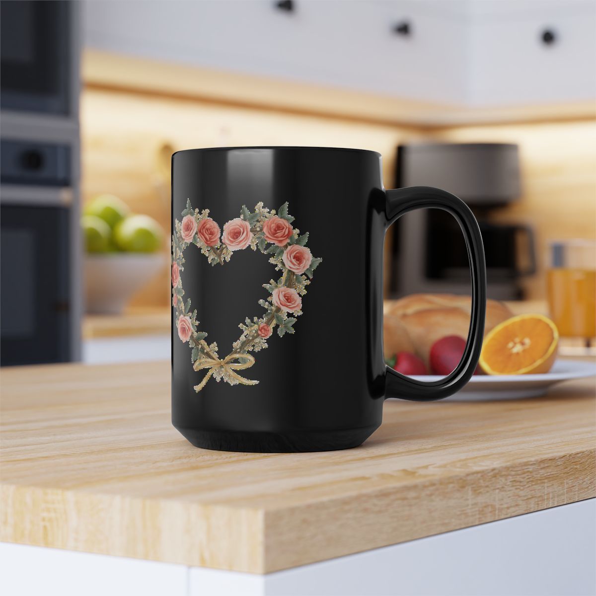 Beautiful Black Mug with Pink Rose Heart Design