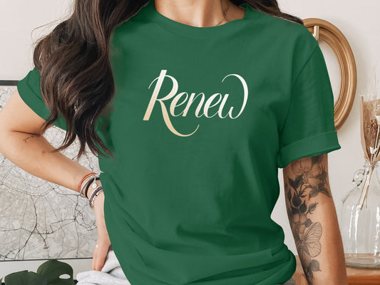 Renew Green Script Design Graphic T-shirt product type
Renew shirt
Green top
Script design
Inspirational
Motivational wear
Word shirt
Text graphic tee
Casual fashion
Comfortable top
Womens apparel
Everyday style
Statement tee
Short sleeve
Crew neck
Forest green
Emerald green
Unique design
Spiritual top
Rejuvenate theme
Gift idea