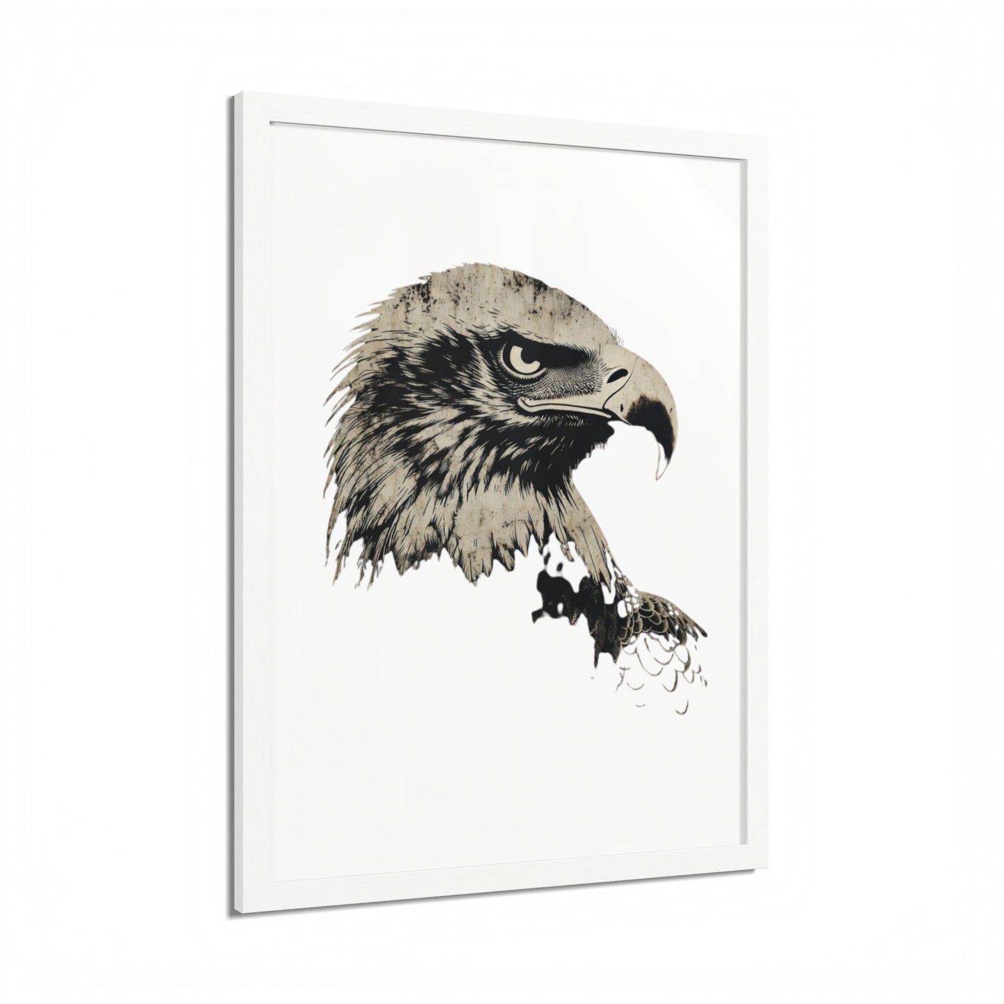 Framed, stylized close-up portrait of an eagle's head in profile.