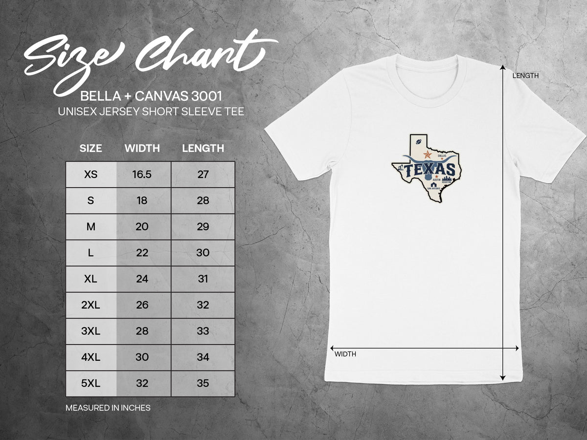 Size chart for Bella + Canvas 3001 unisex t-shirt with Texas graphic.