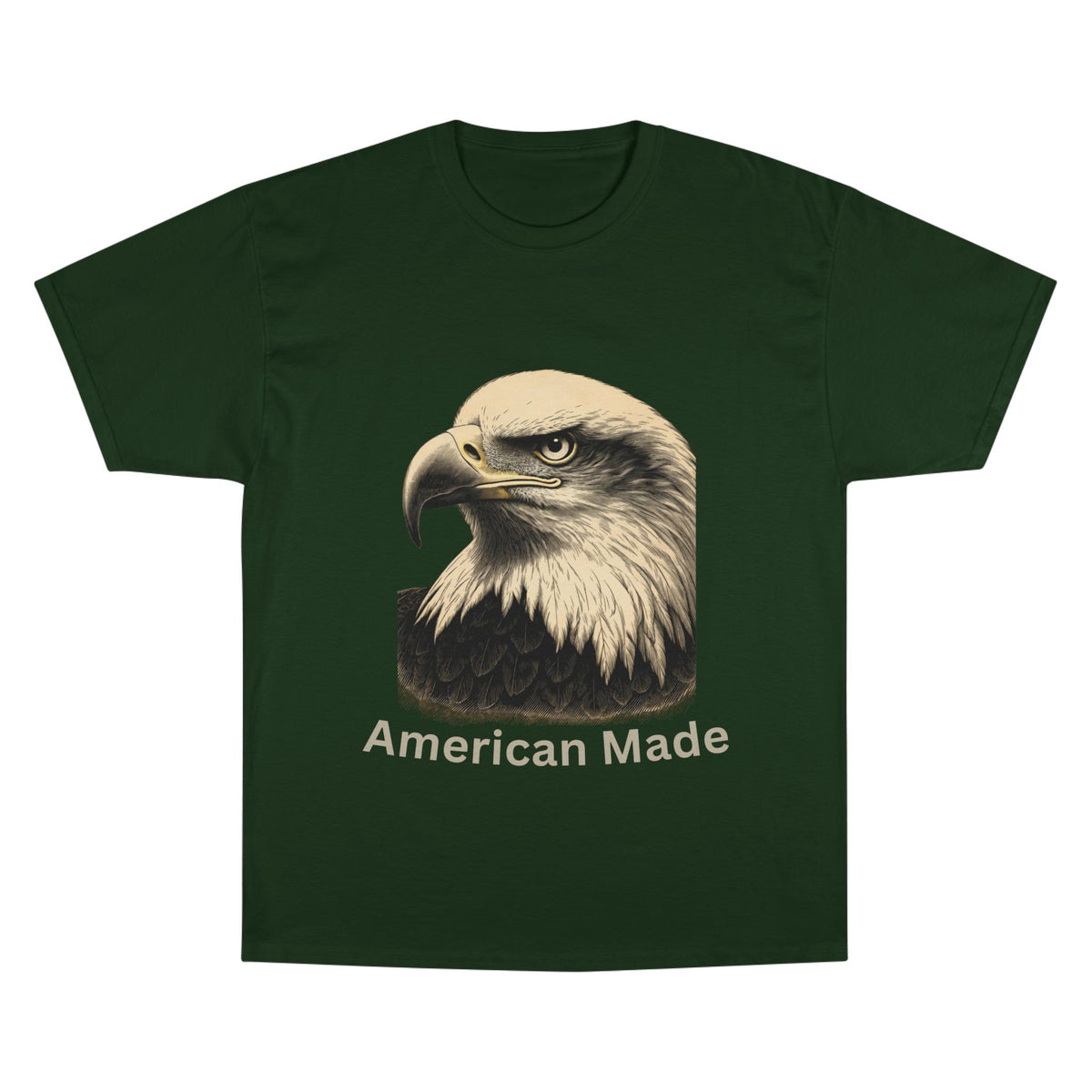 Engraved Eagle - American Made - text on the bottom of a Champion Tee