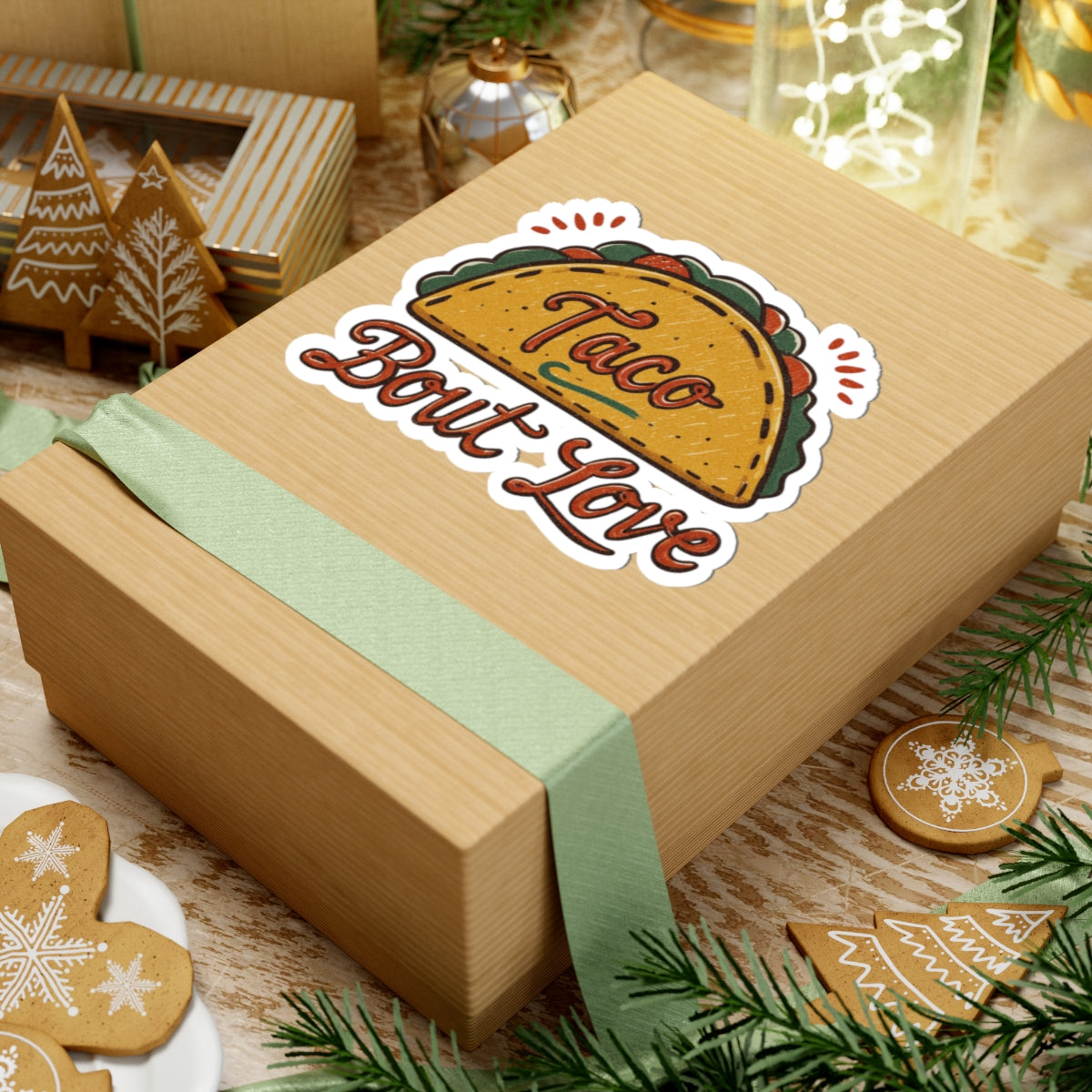 Taco 'Bout Love phrase with a Vintage & Retro design on Kiss-Cut Stickers