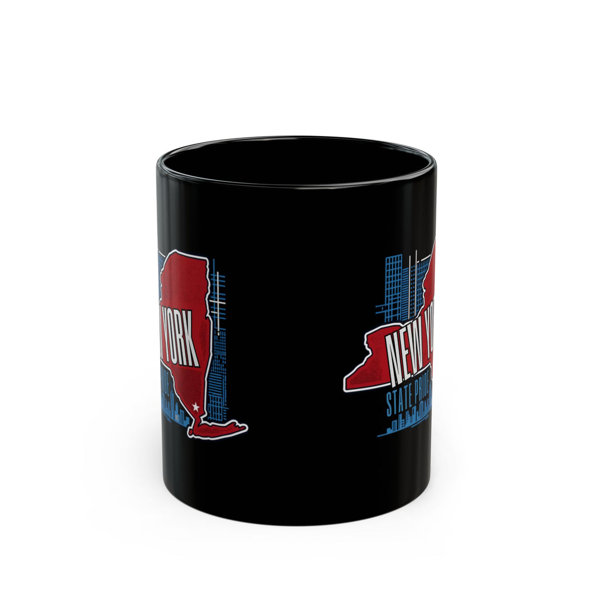 Black mug with New York state outline and text.