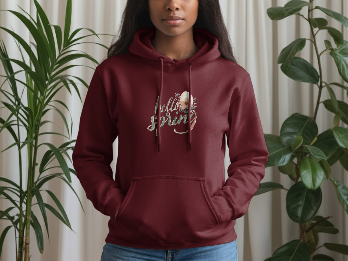 Hello Spring Graphic Maroon Hoodie Perfect for All Seasons