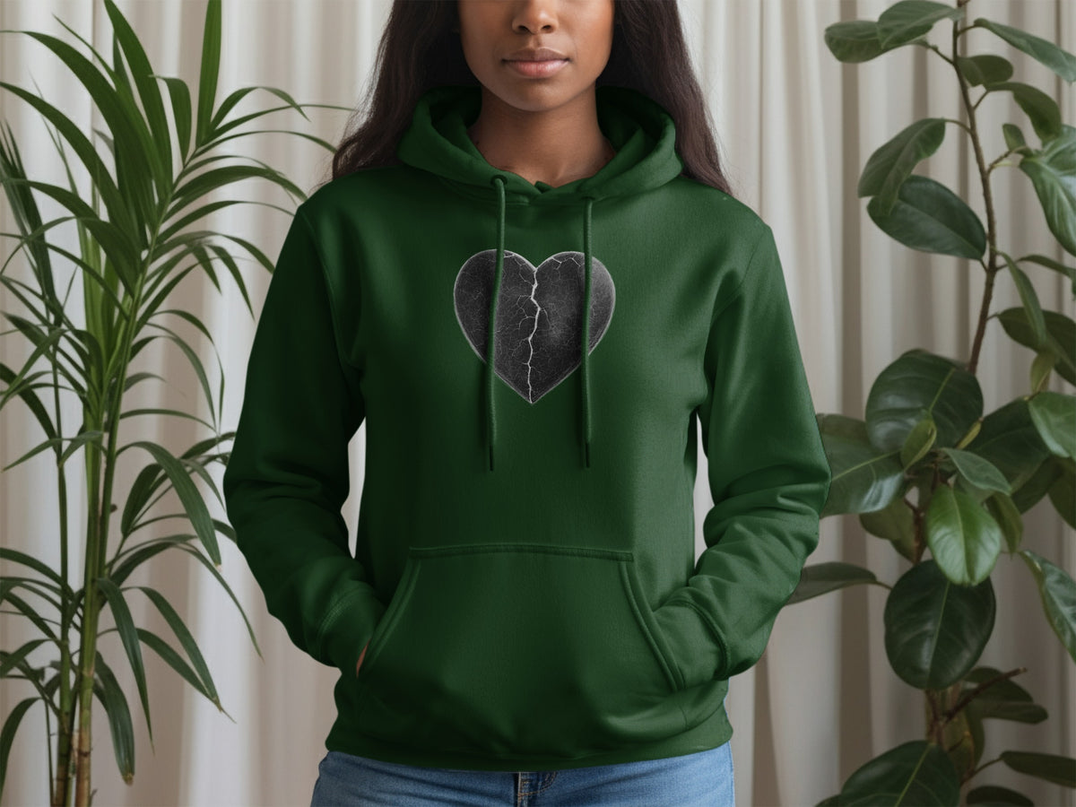 Dark Green Hoodie with Cracked Heart Design