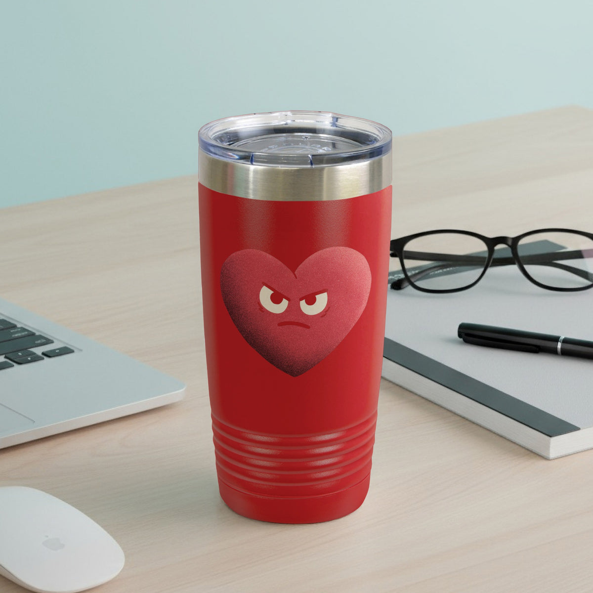 Red Travel Tumbler with Angry Heart Design for Coffee Lovers