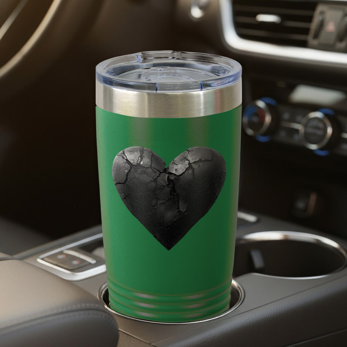 Cracked Black Heart Design on Green Travel Mug