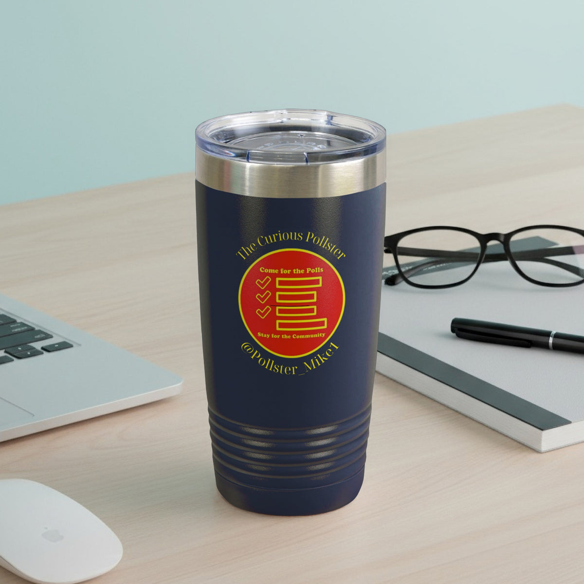 Navy tumbler with "The Curious Pollster" logo and text.