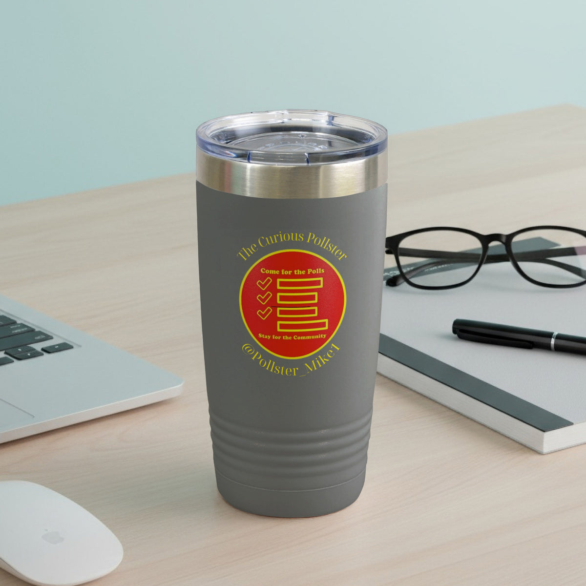 Grey tumbler with "The Curious Pollster" logo and social media handle.