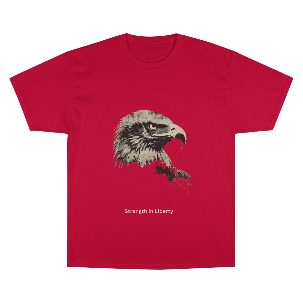 Strength in Liberty small font text below an eagle head on a Champion Tee