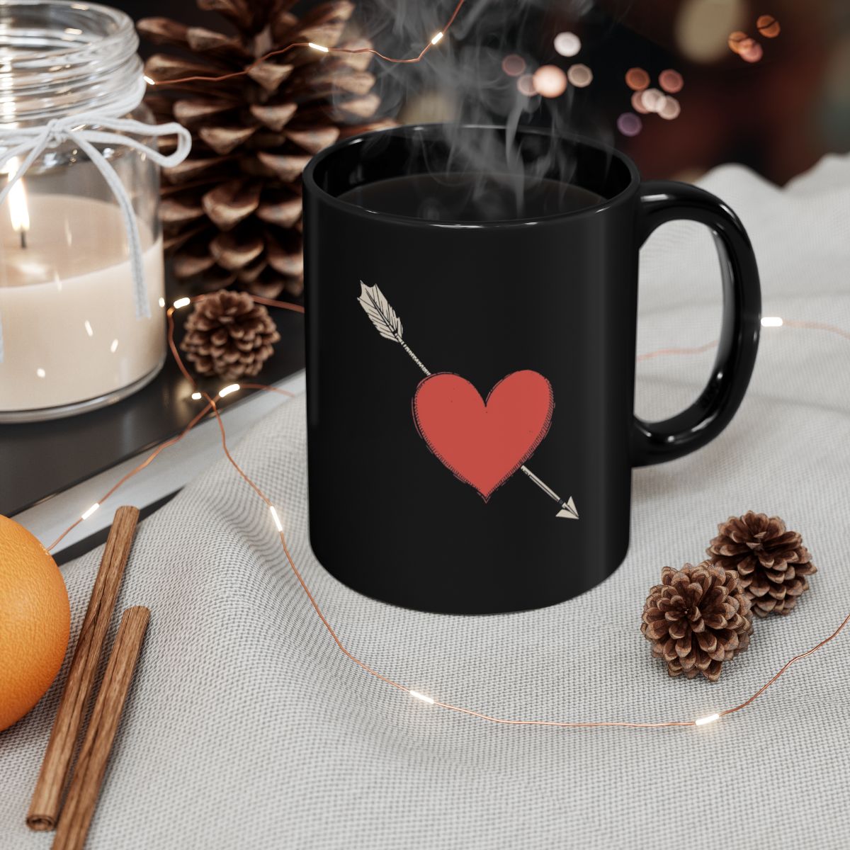 Heart with Arrow Design Black Mug for Hot Drinks
