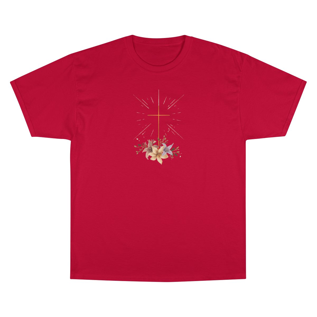 Red shirt Christian cross lilies design product type