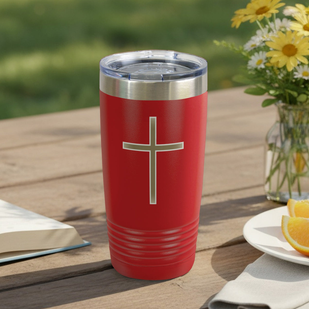 Red Tumbler Gold Cross Graphic Clear Lid Ribbed Base product type