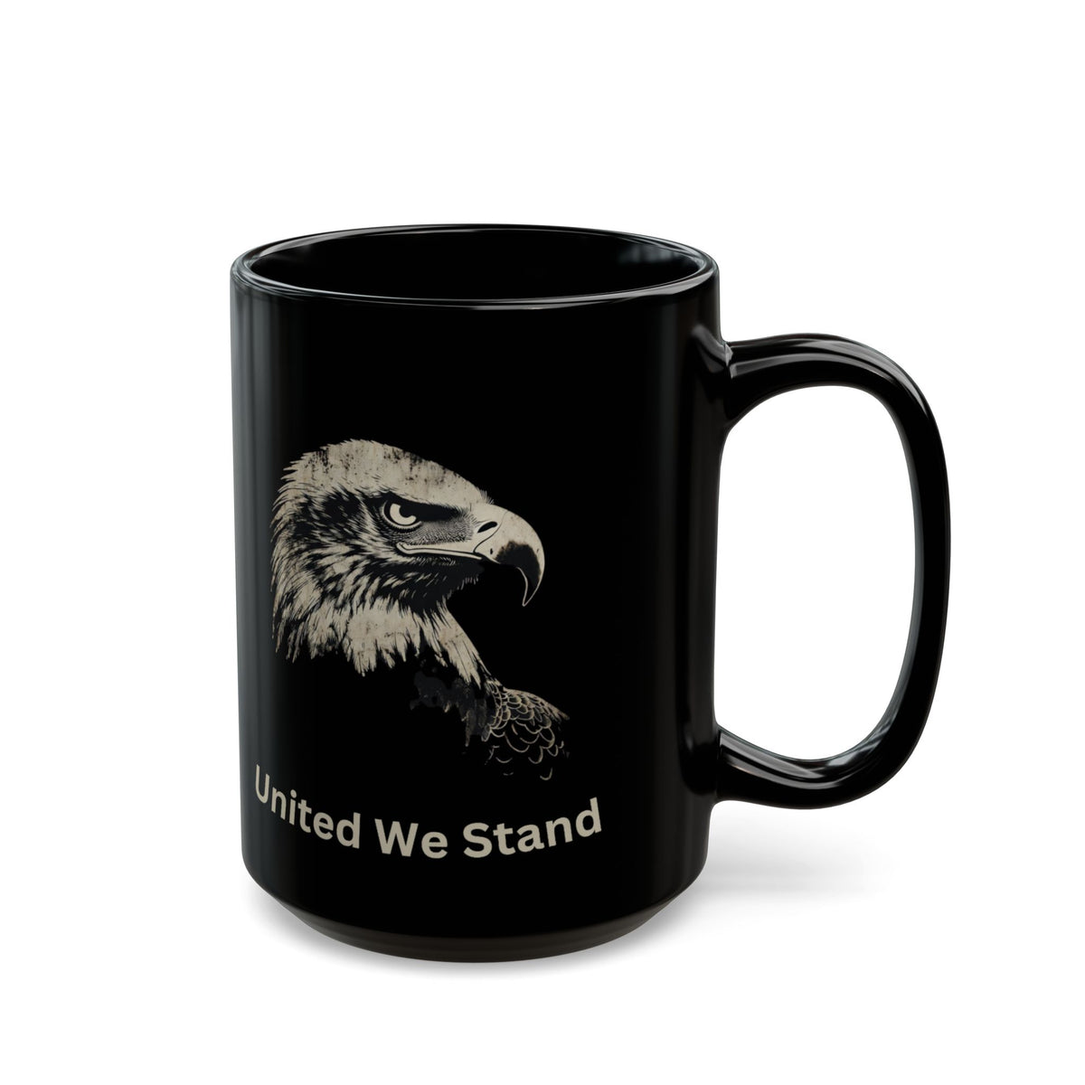 Black mug with eagle and "United We Stand" text.