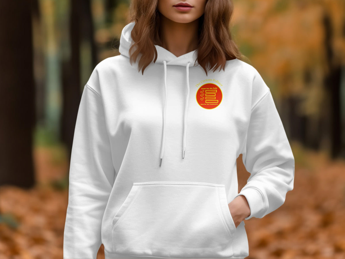 White hoodie with red and yellow circular logo containing text.