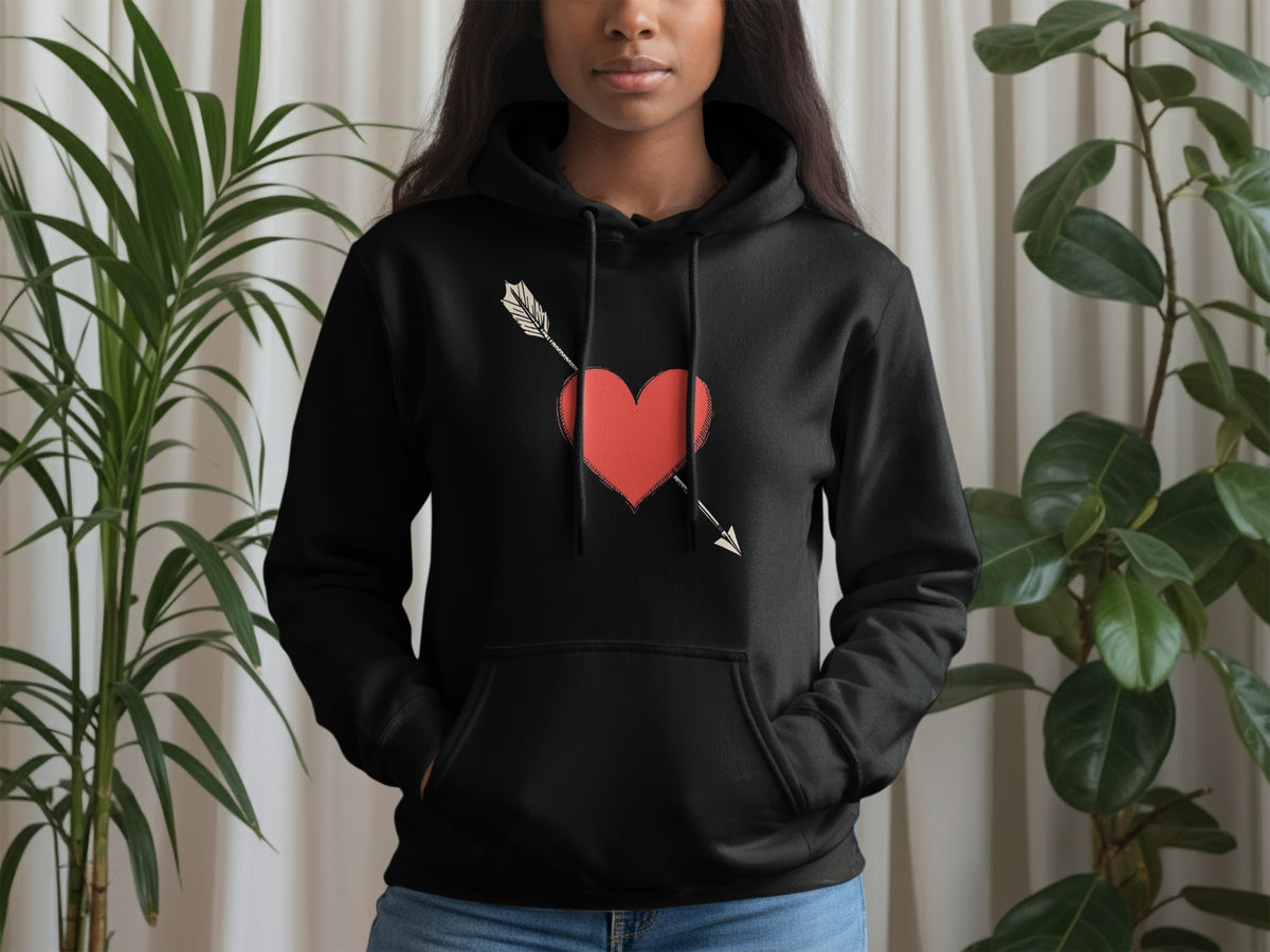 Black Hoodie with Red Heart and Arrow Design Hoodie