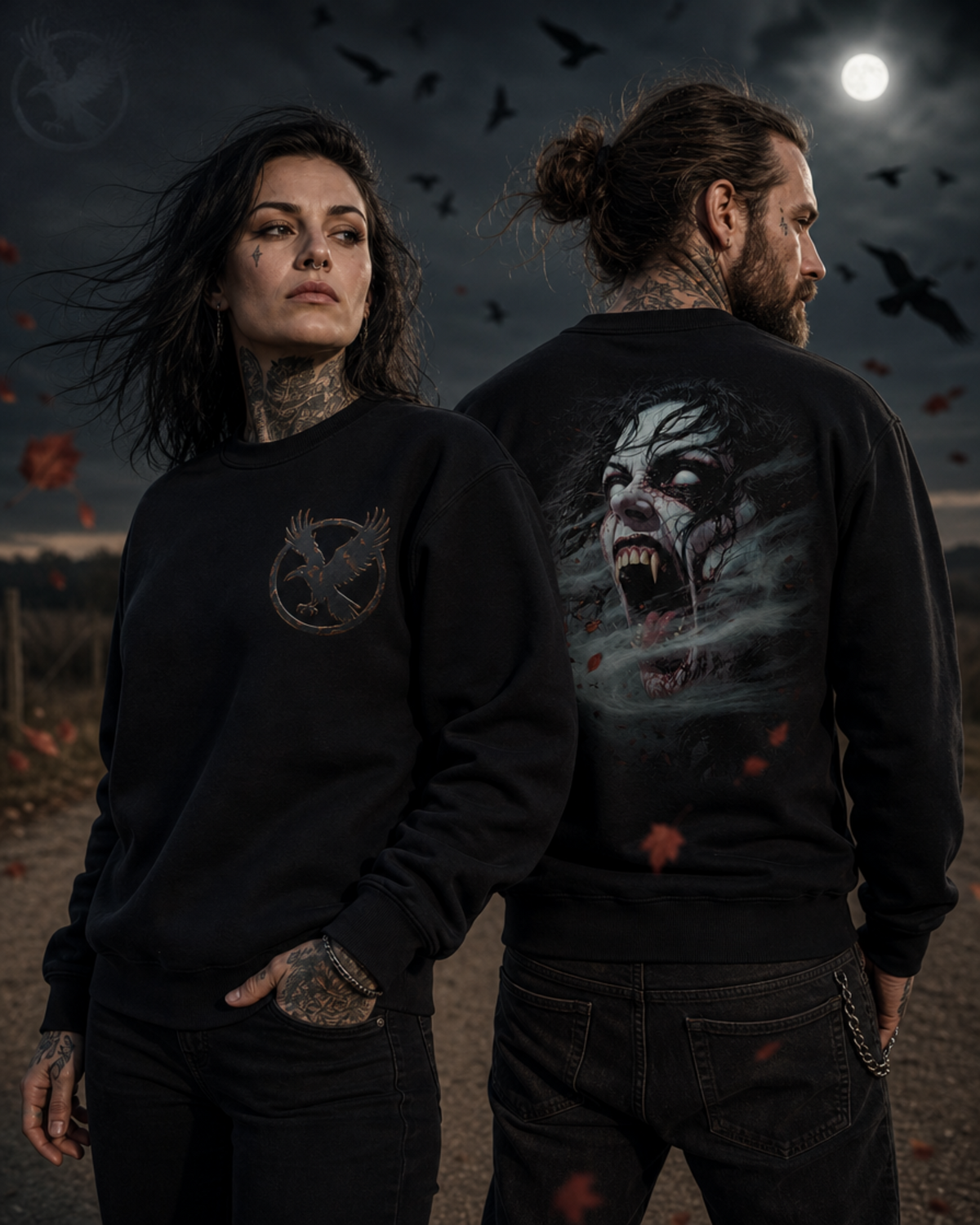 Two models wearing black Dark Folklore Series Banshee crewneck sweatshirts, front view, with the raven in flight emblem on the chest.