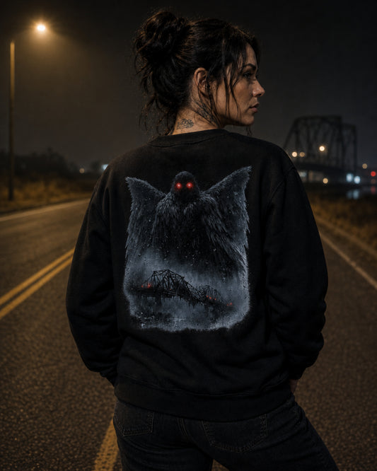 Model seen from behind wearing a black Dark Folklore Series Mothman crewneck sweatshirt with the full back Mothman print.
