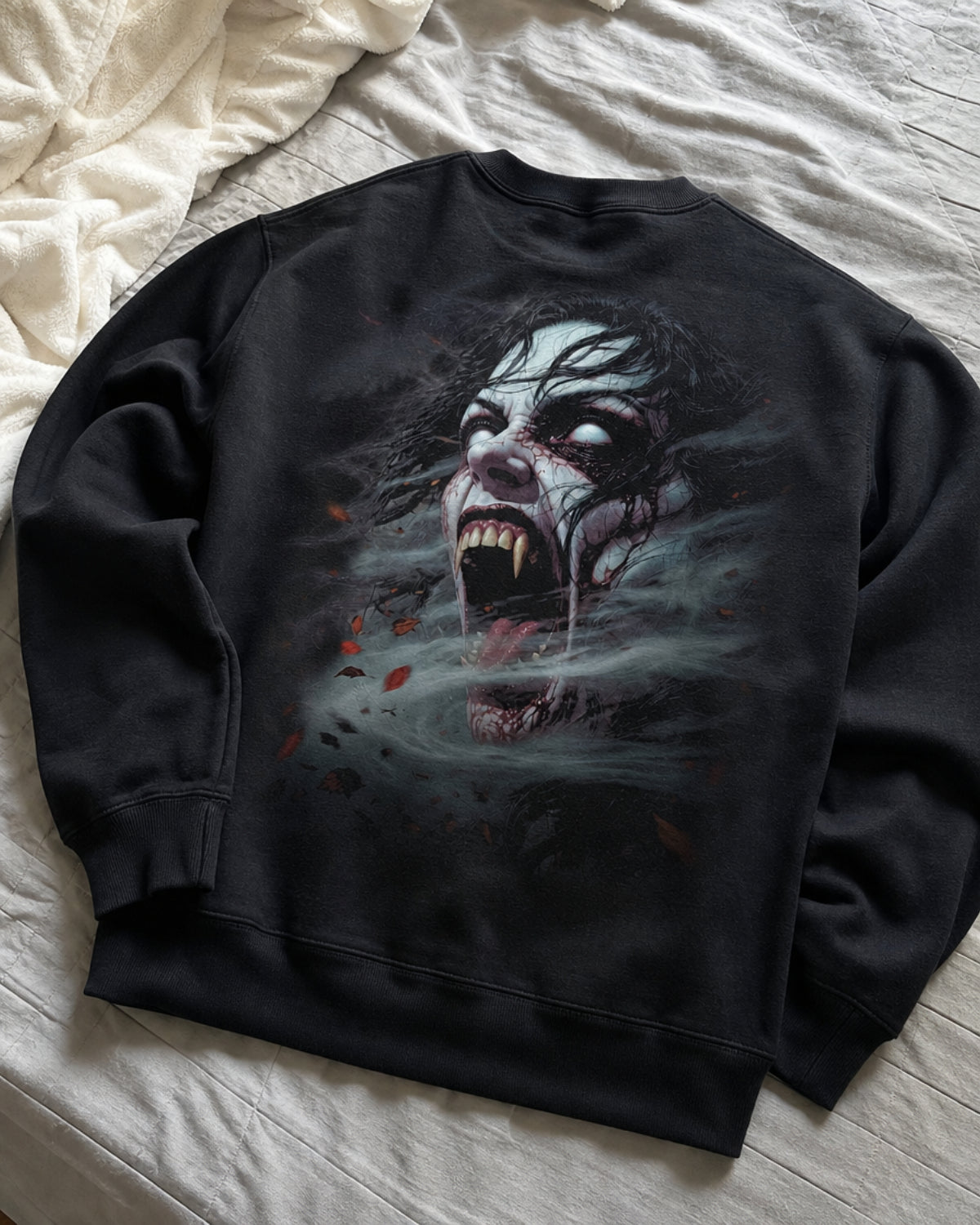Black Dark Folklore Series Banshee crewneck sweatshirt laid flat as a product photo.