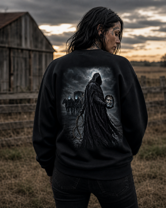 Model seen from behind wearing a black Dark Folklore Series Dullahan crewneck sweatshirt with the full back Dullahan print.