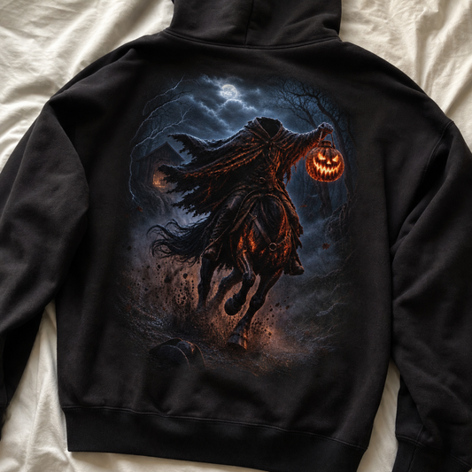 Black hoodie folded flat, showing the raven chest emblem and Headless Horseman back print design.