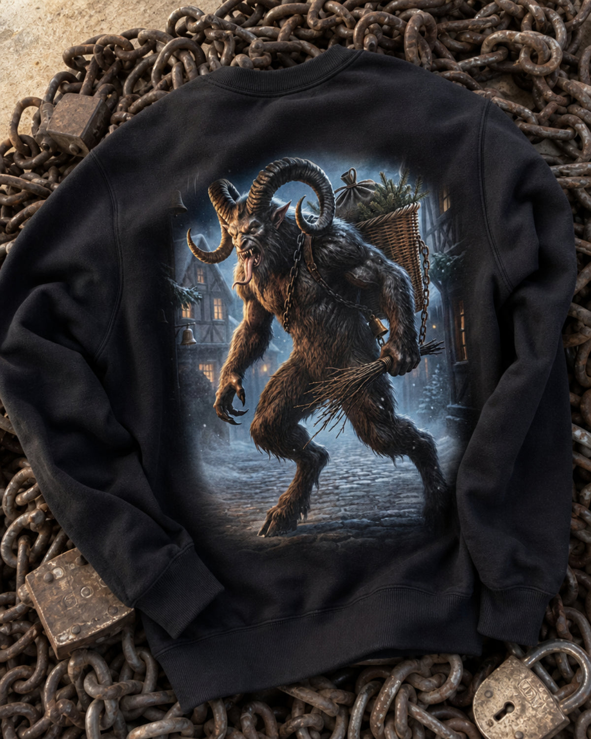 Black crewneck sweatshirt laid flat on a pile of rusted chains and padlocks, showing the full back print of Krampus, a horned, furred figure with chains and bells carrying a wicker basket and a birch switch through a snowy cobblestone lane lined with timbered houses.