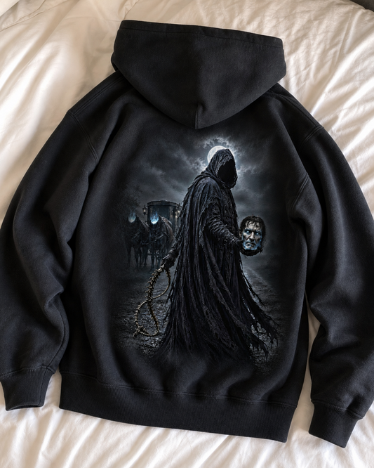 Dullahan black hoodie flat lay showing the headless rider print