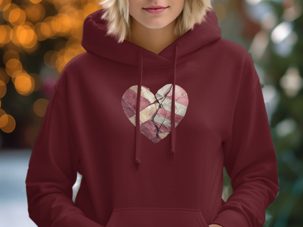 Distressed American Heart Design Hooded Sweatshirt
