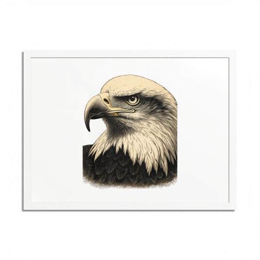 Close-up illustration of a bald eagle's head with detailed feathers.