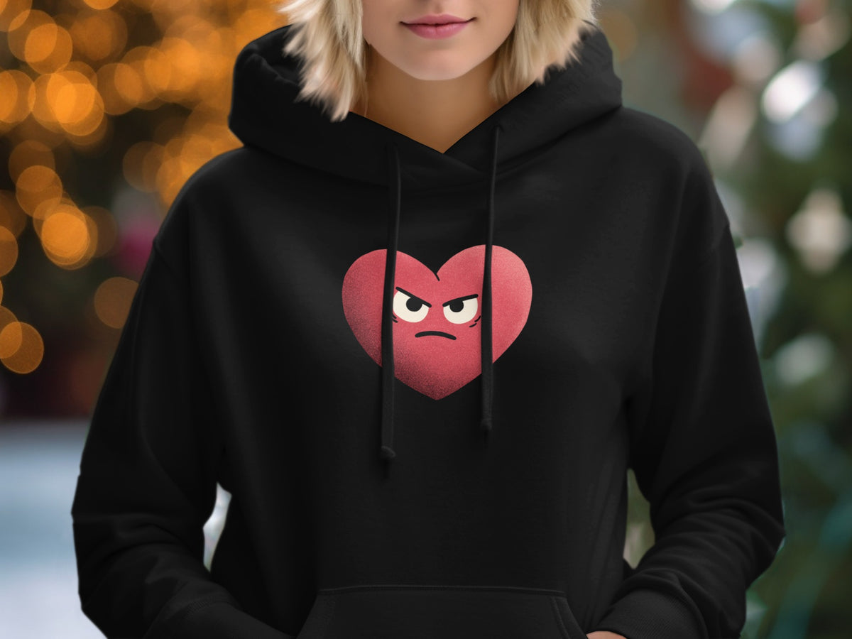 Cute Angry Heart Face Design on Black Hoodie Product