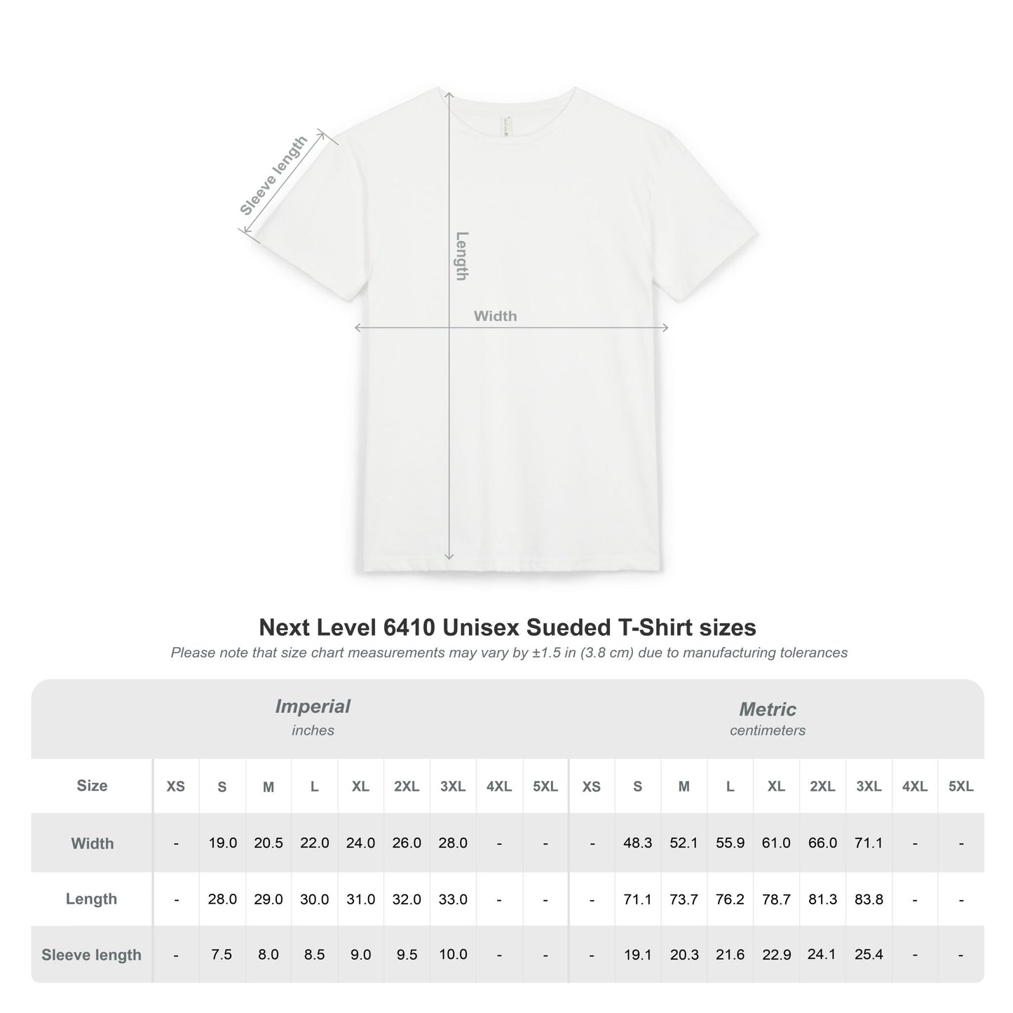 Next Level 6410 Unisex Sueded T-Shirt size chart with Imperial and Metric measurements.