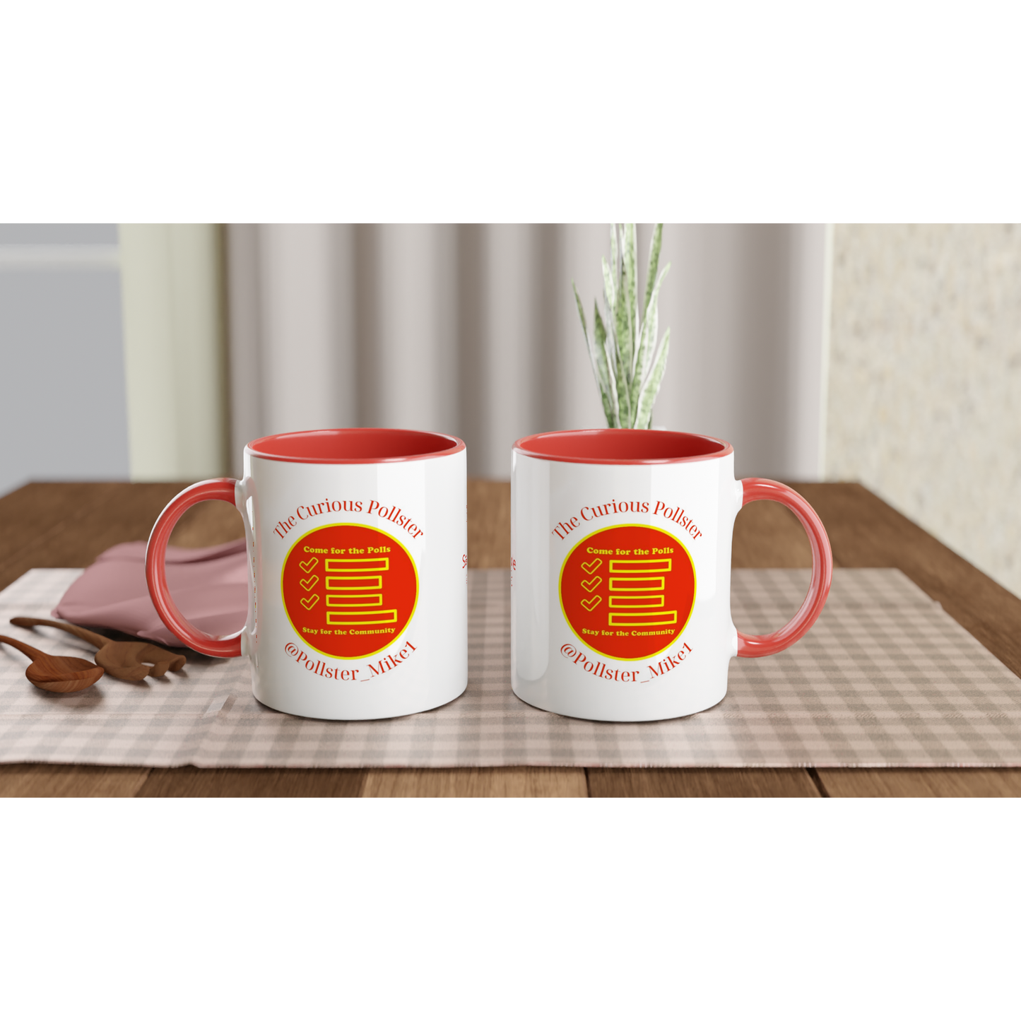 Curious Pollster logo on an 11oz ceramic mug