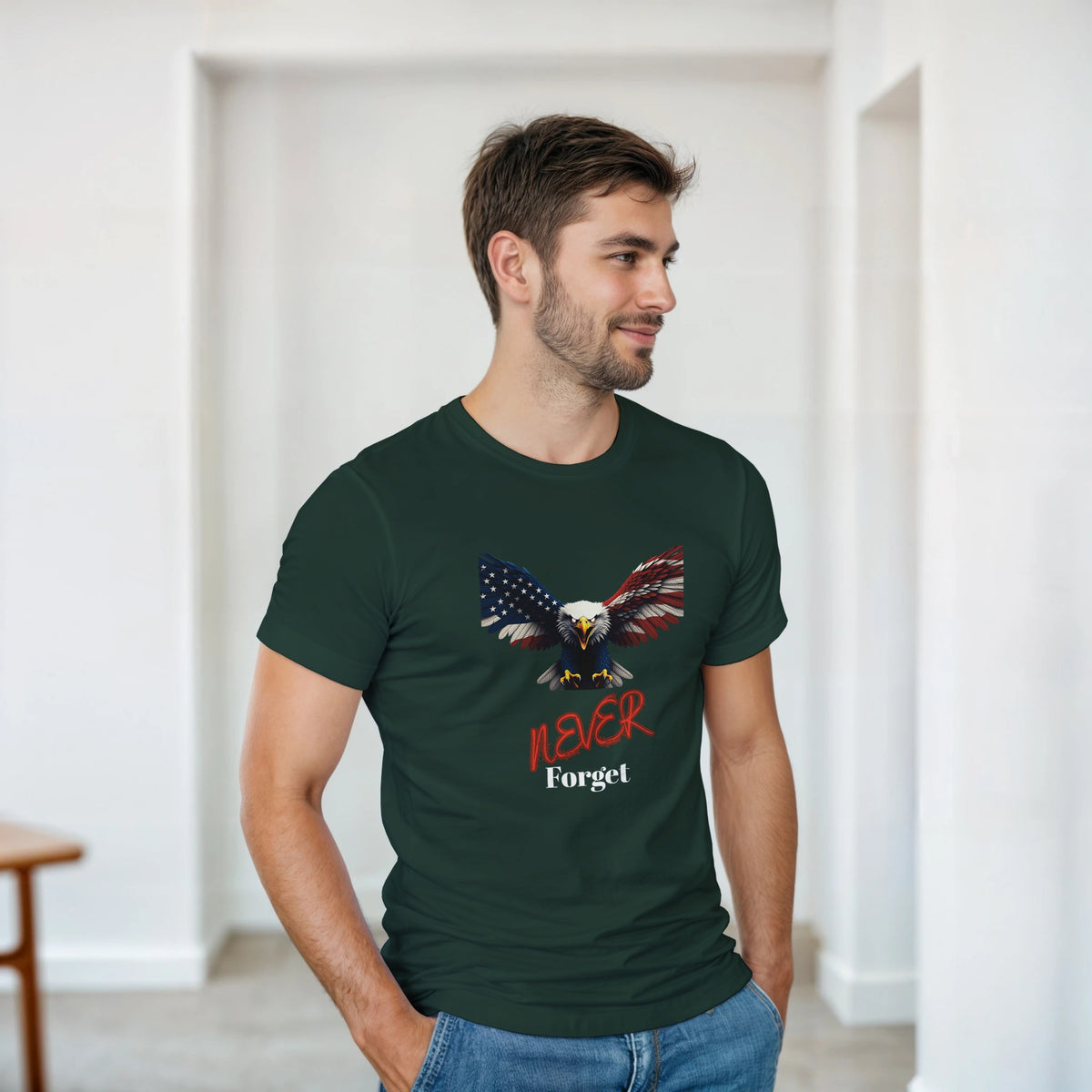 Never Forget Patriotic Eagle on a Heavyweight T-shirt