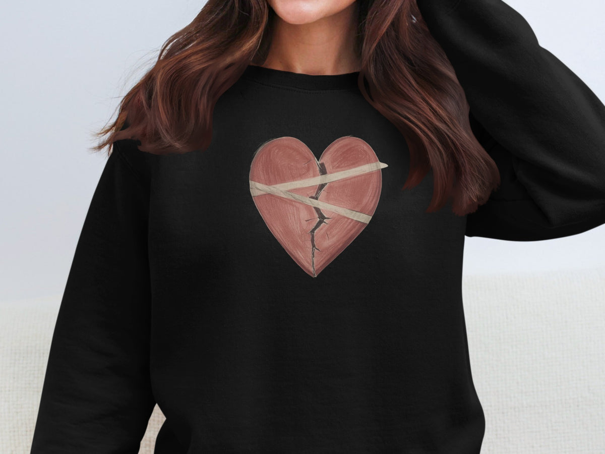 Heartbroken Design Sweatshirt with Tape Accent Pattern