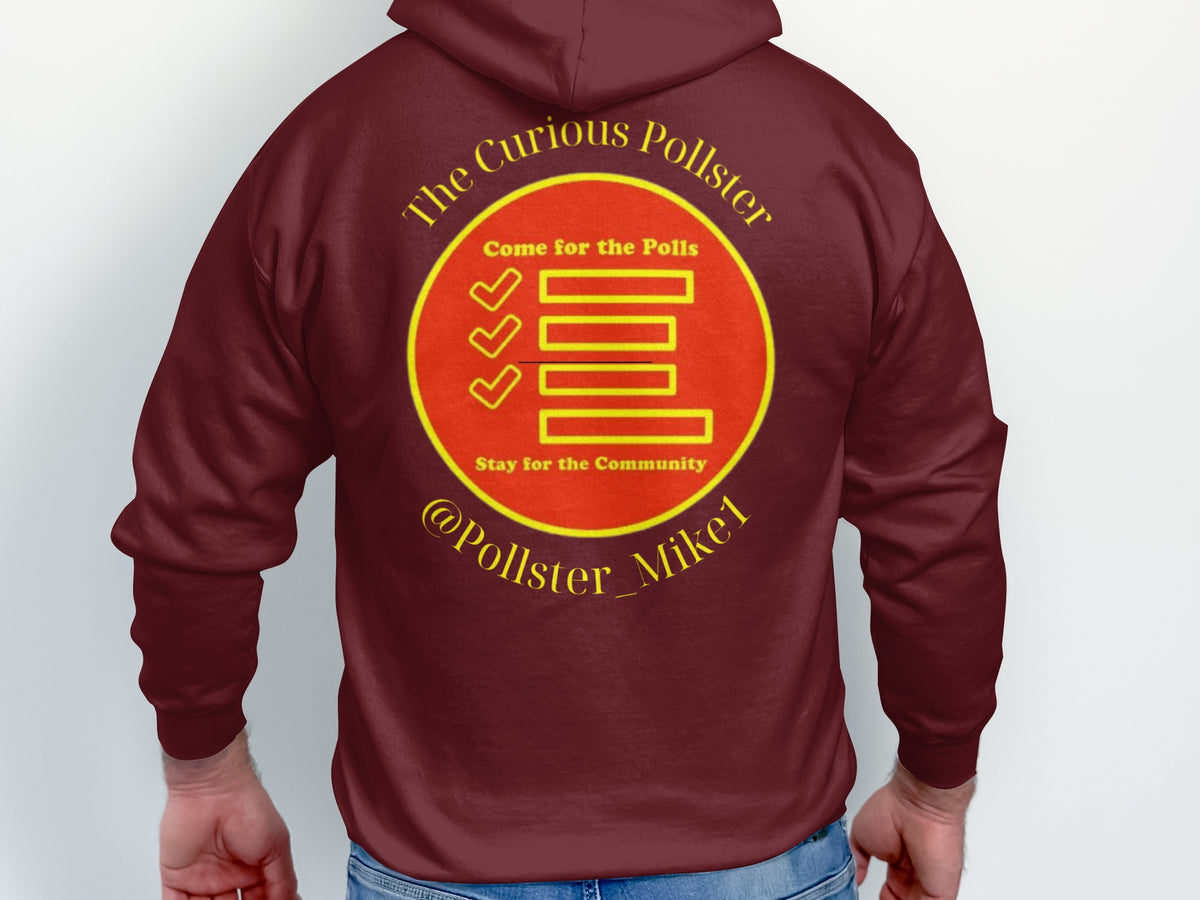 Maroon hoodie with yellow circular logo showing polls and text "The Curious Pollster".