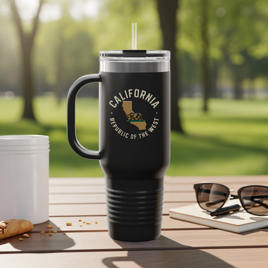 Black travel tumbler with California Republic logo and handle, outdoors.