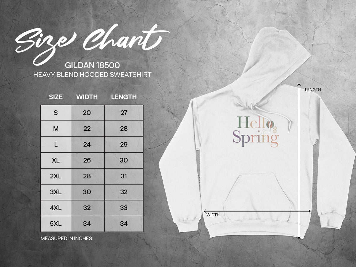 Hello Spring Graphic Hoodie Size Chart Guide