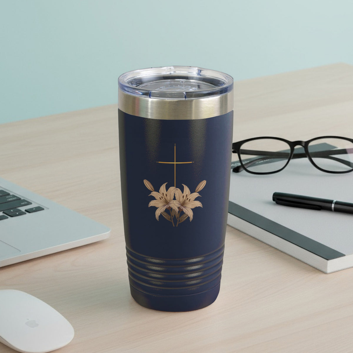 Navy Tumbler Golden Cross Lily Design product type
