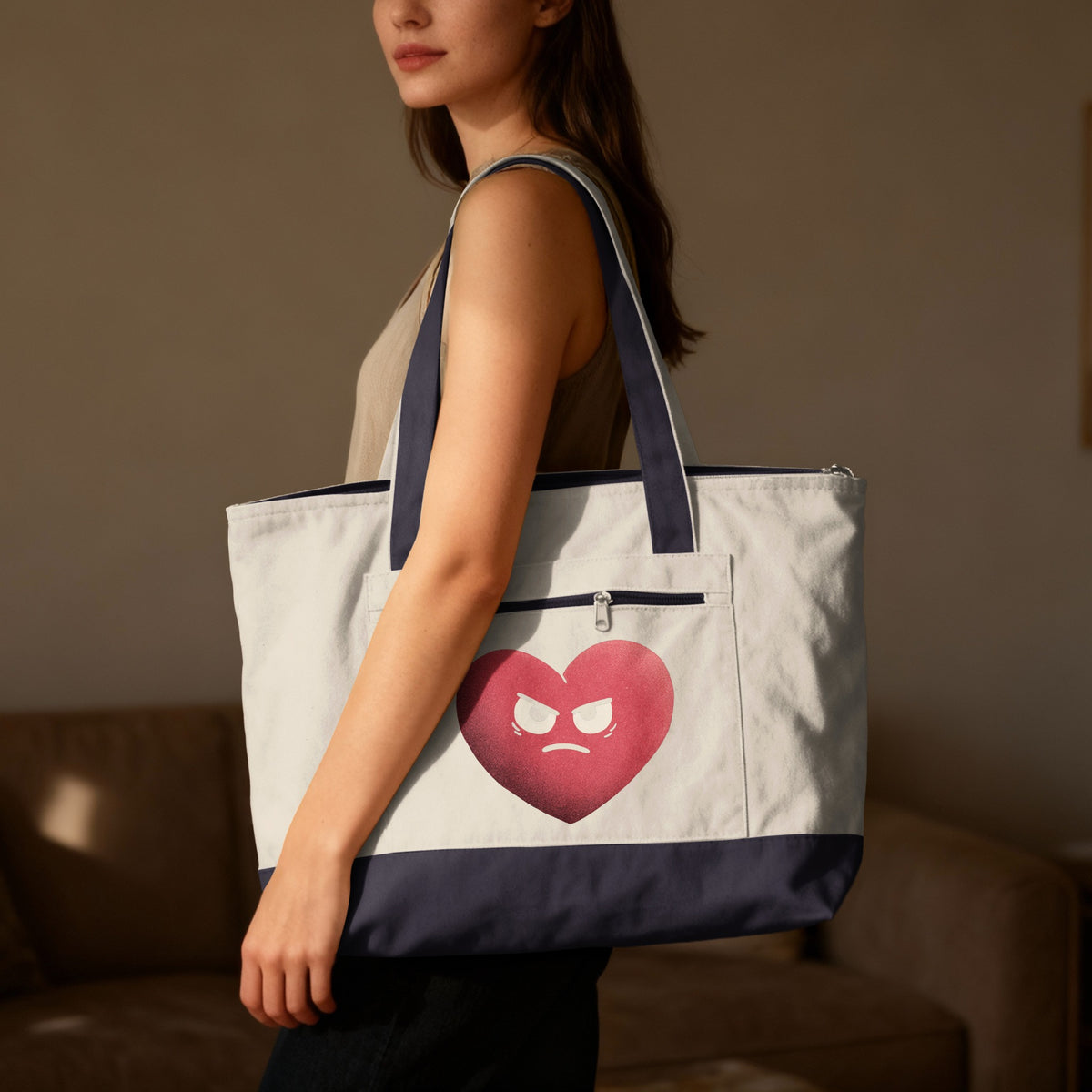 Stylish Tote Bag with Angry Heart Print Design