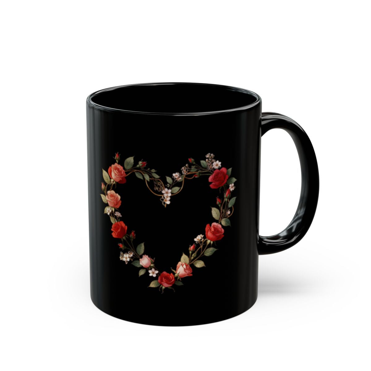 Heart Shaped Floral Design Black Mug