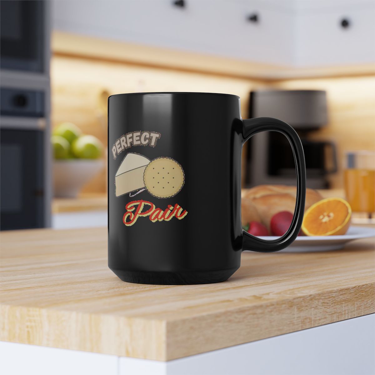 Cheese and Crackers image with Perfect Pair text phrase on an 11/15oz Black Mug