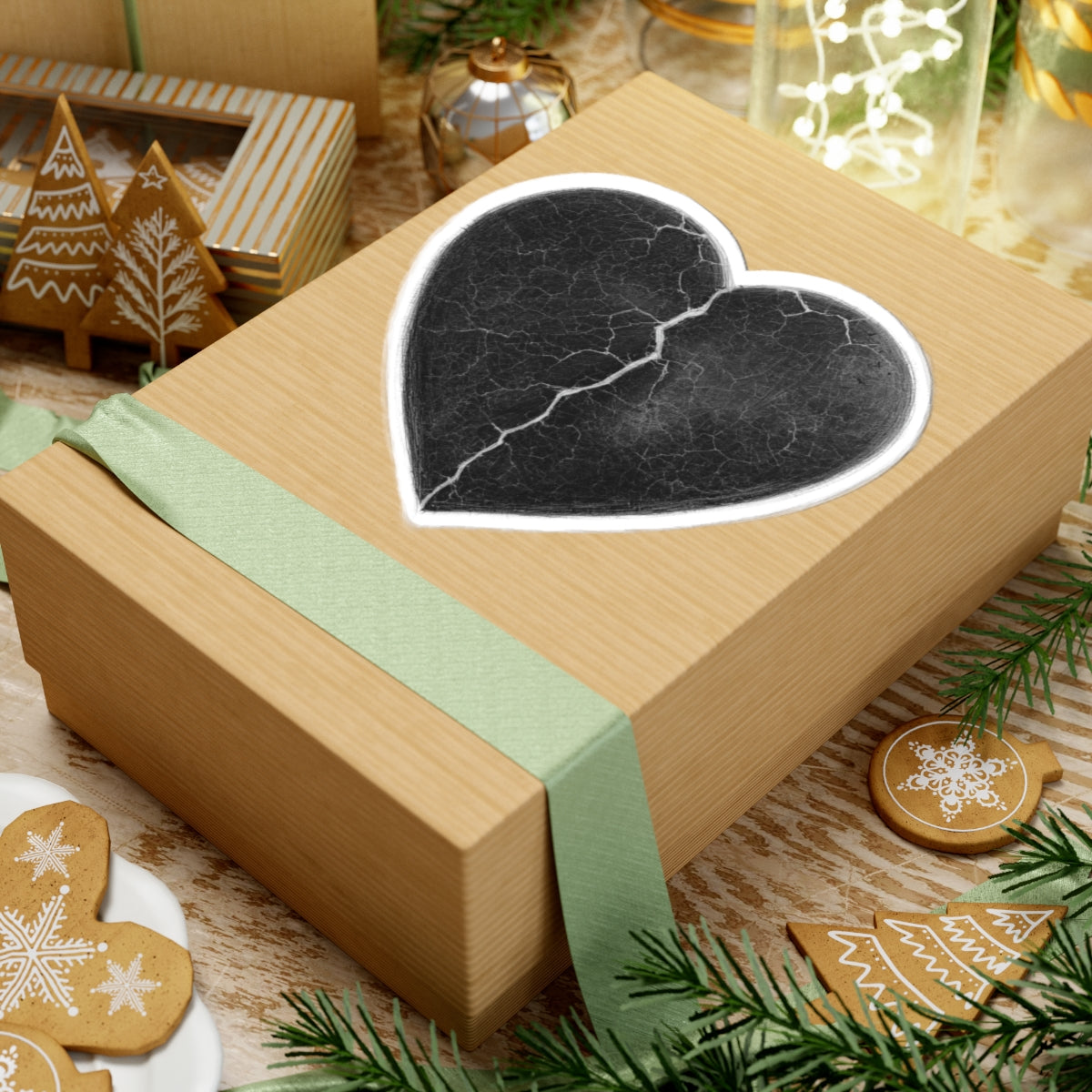 Cracked Black Heart Sticker on Christmas Gift Box