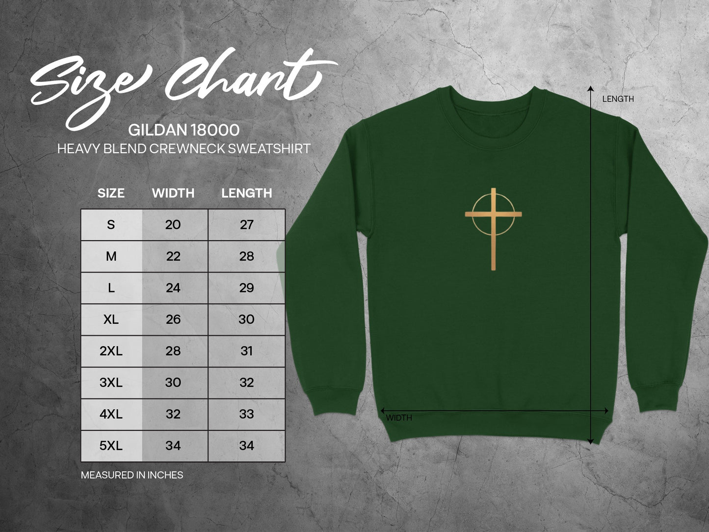 Gildan 18000 sweatshirt size chart with width and length measurements in inches.