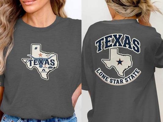 Dark gray t-shirt with Texas Lone Star State graphic on front and back.