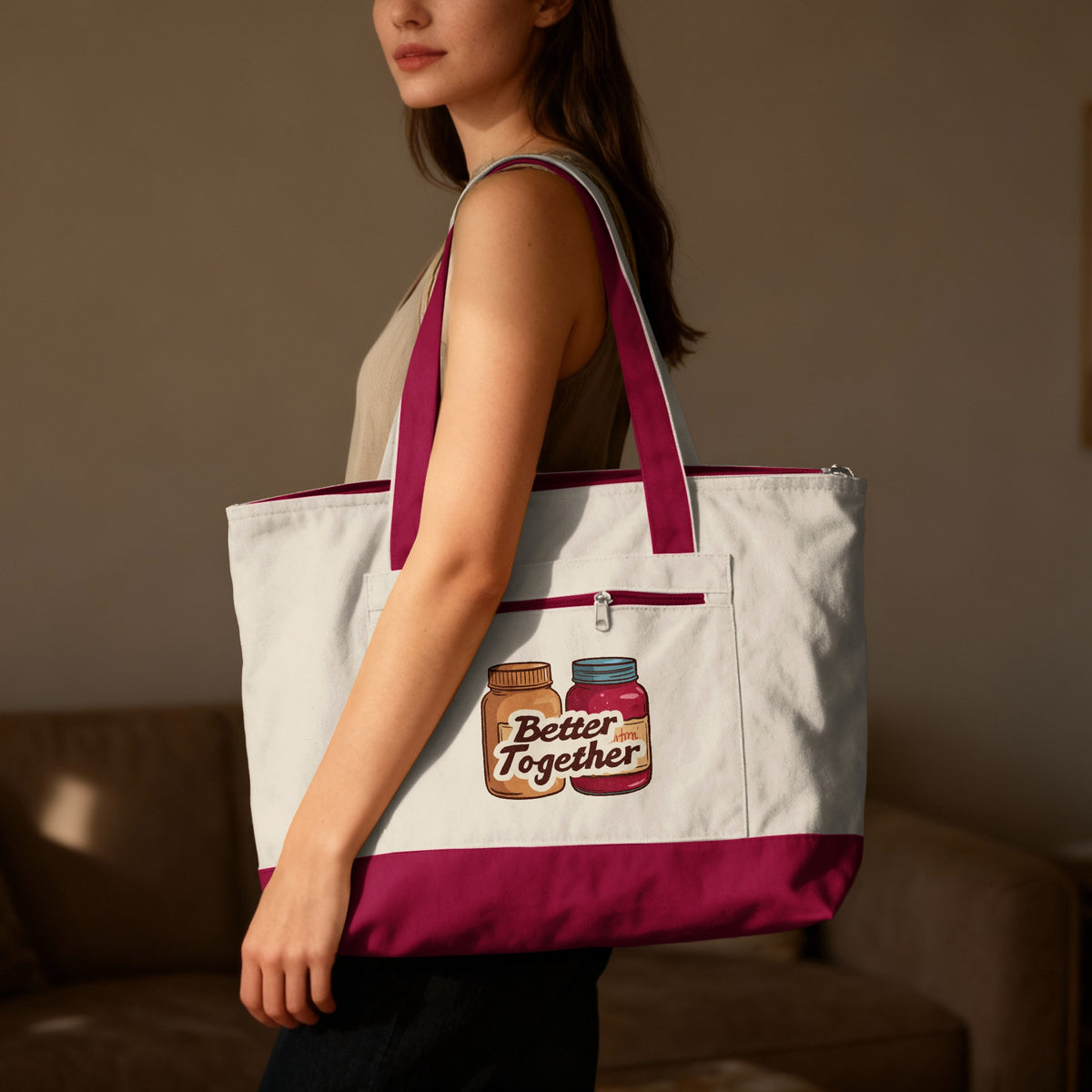 Better Together phrase on a Zippered Canvas Tote