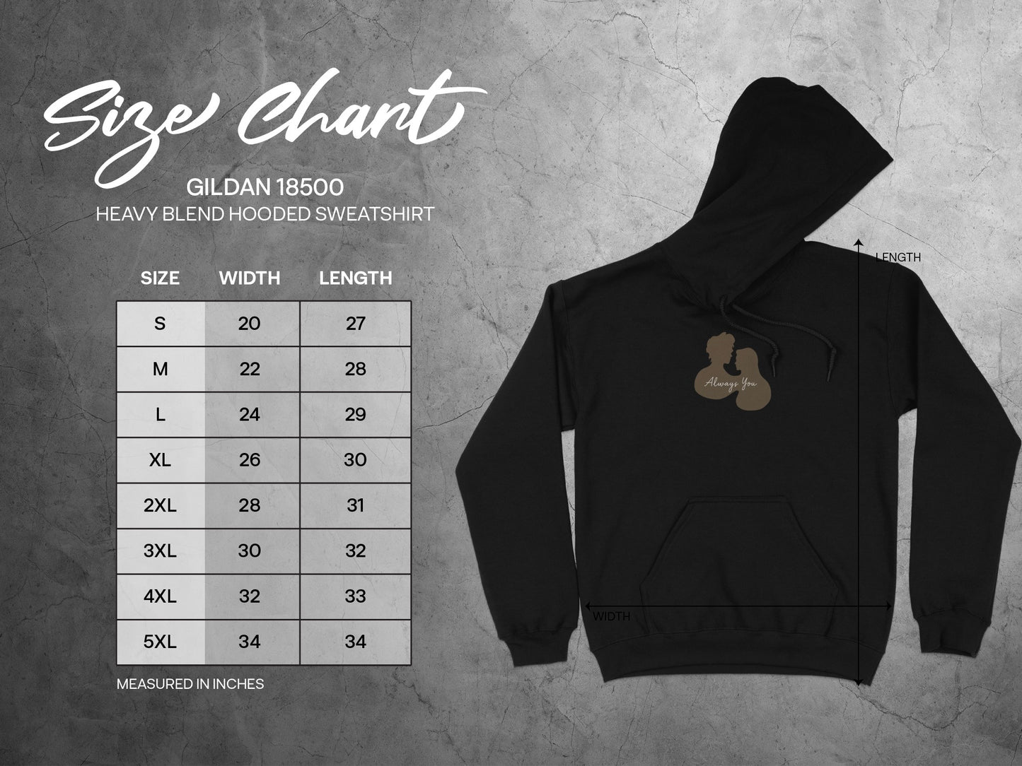 Gildan 18500 Heavy Blend Hooded Sweatshirt Size Chart