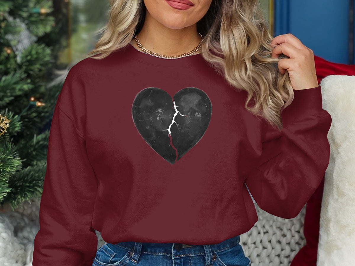 Red Sweater with Black Cracked Heart Design Apparel