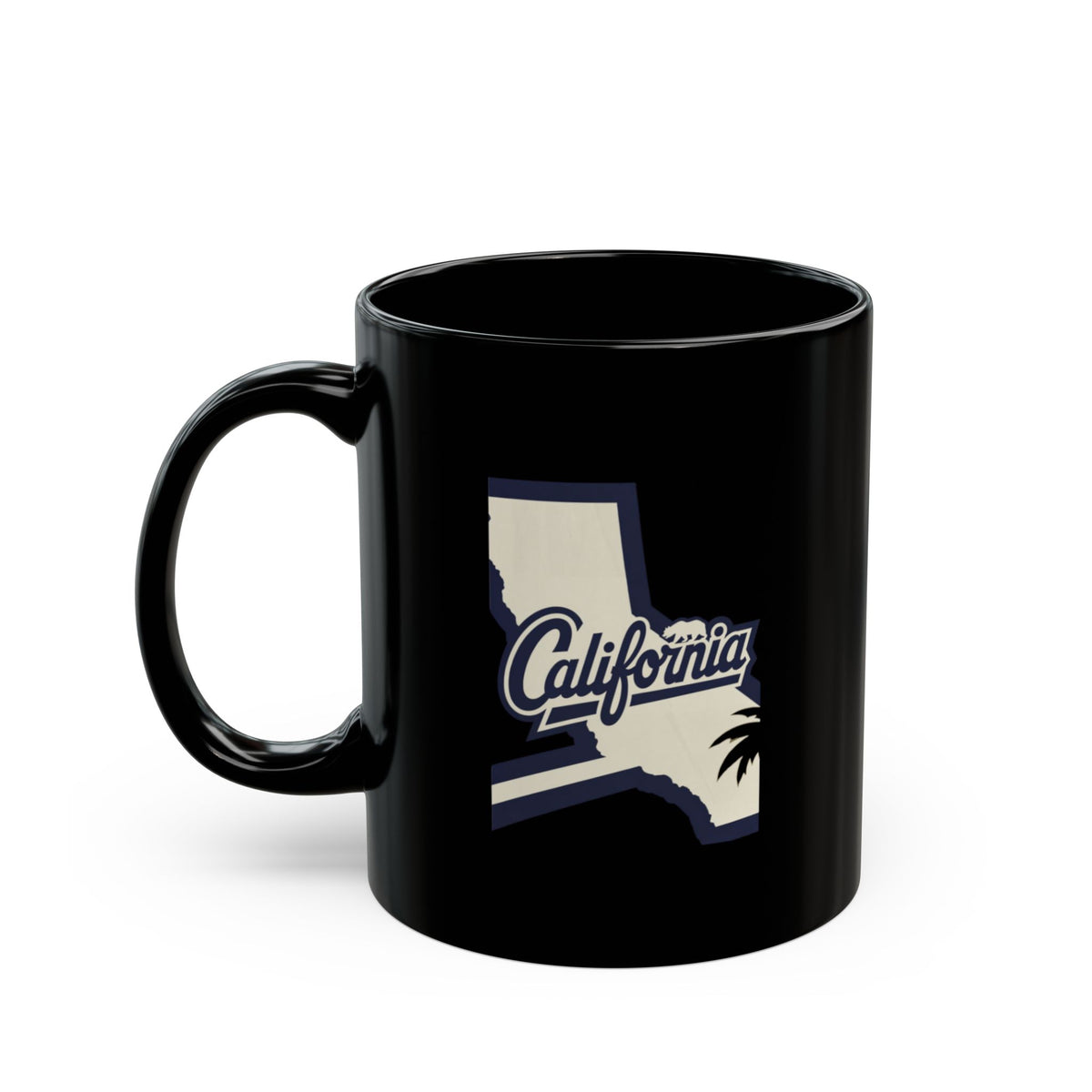 Black mug with "California" and palm tree silhouette design.